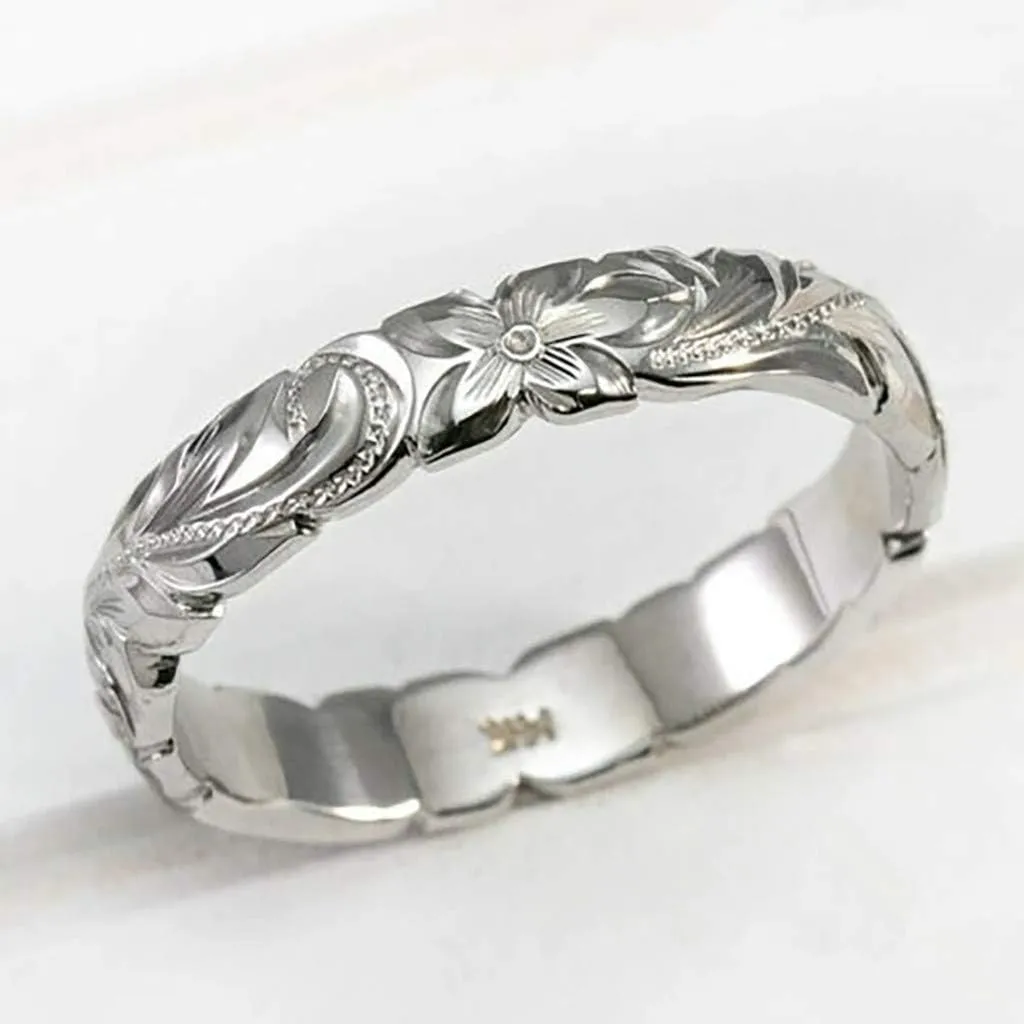 Women's Engraved Plumeria Flower Ring 925 Sterling Silver Dainty Carved Rose Flower Band Valentine's Day Gift