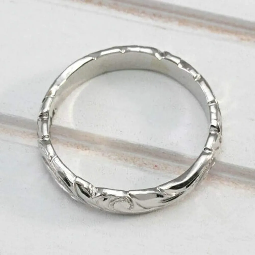 Women's Engraved Plumeria Flower Ring 925 Sterling Silver Dainty Carved Rose Flower Band Valentine's Day Gift