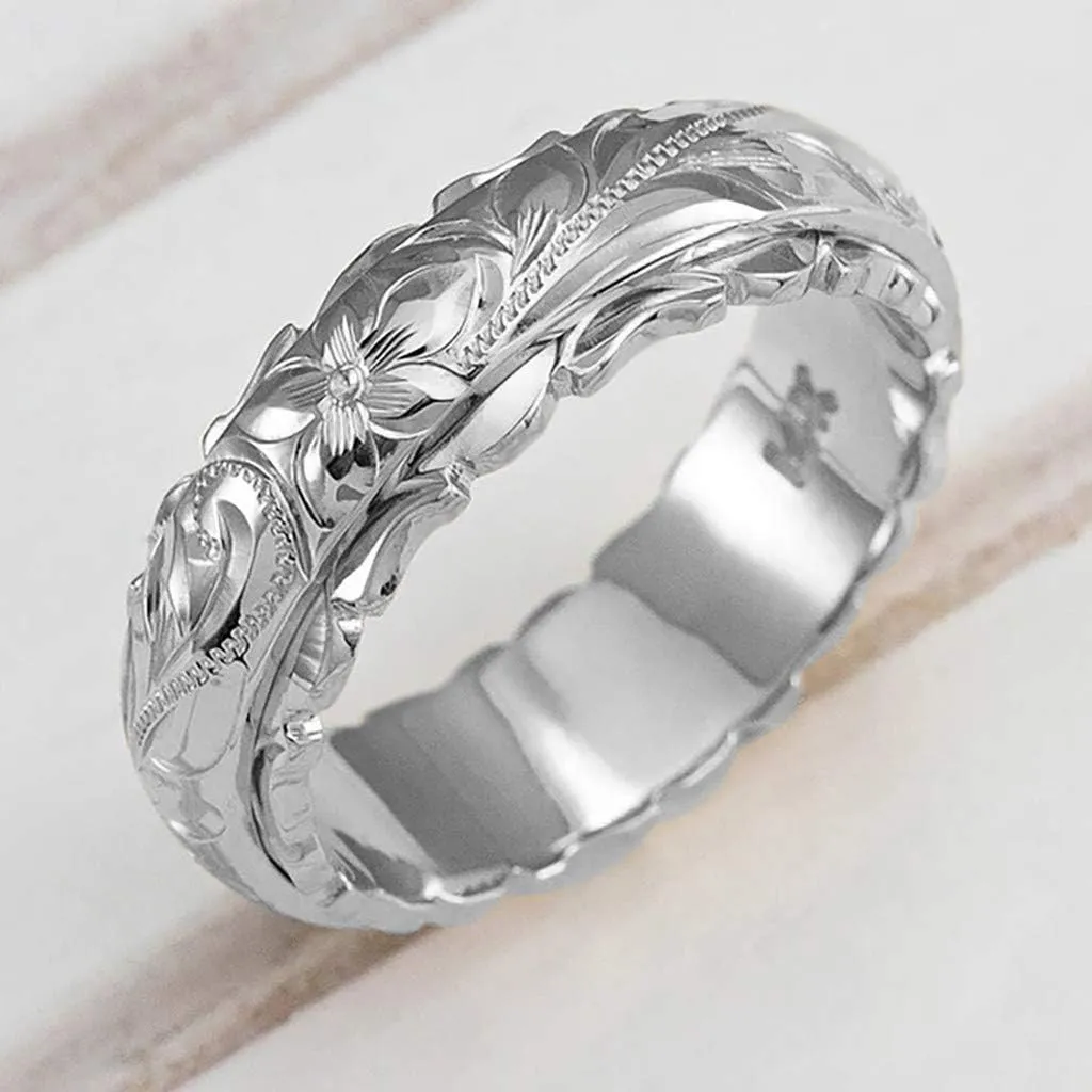 Women's Engraved Plumeria Flower Ring 925 Sterling Silver Dainty Carved Rose Flower Band Valentine's Day Gift