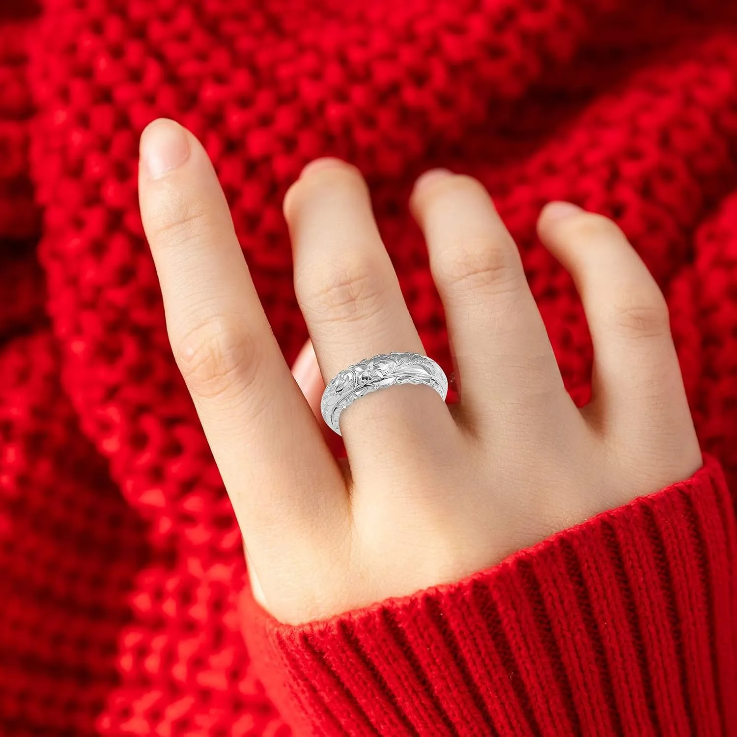 Women's Engraved Plumeria Flower Ring 925 Sterling Silver Dainty Carved Rose Flower Band Valentine's Day Gift
