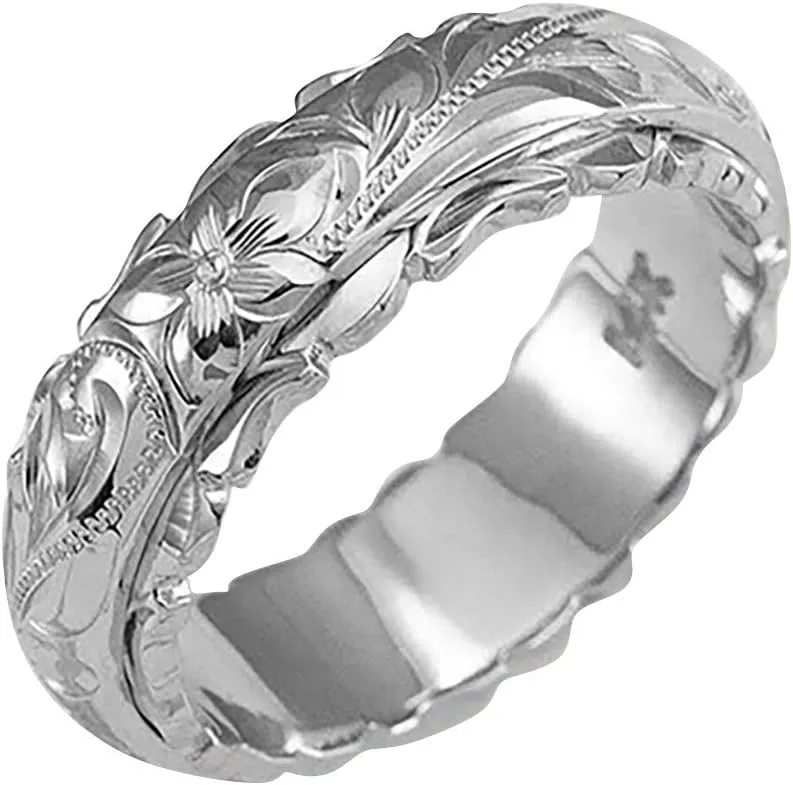 Women's Engraved Plumeria Flower Ring 925 Sterling Silver Dainty Carved Rose Flower Band Valentine's Day Gift