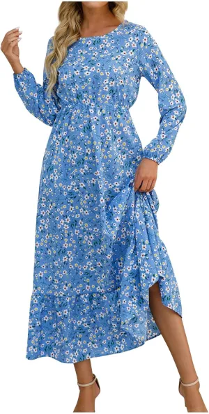 Womens Fall Dresses Plus Size Casual Long Sleeve Dress 2024 Boho Floral Relaxed Fit Elastic Waist Flowy Long Dresses Fall midi Dresses for Women 2024 Blue L