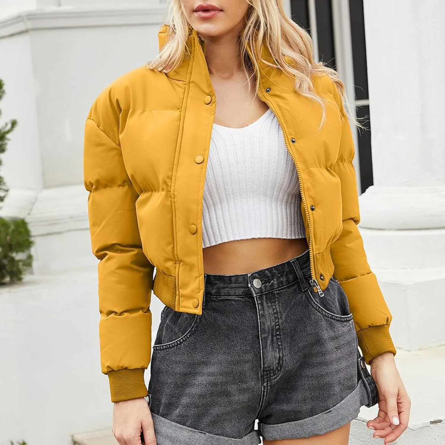 Women's Fall Winter Outfits Stand Collar Thermal Short Bread Down Jackets Long Sleeve Zip Up Fluffy Crop Cotton Coats