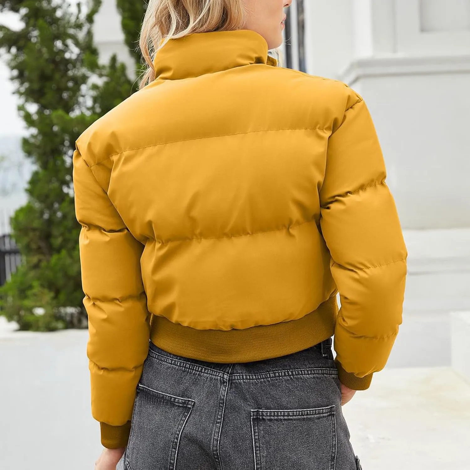 Women's Fall Winter Outfits Stand Collar Thermal Short Bread Down Jackets Long Sleeve Zip Up Fluffy Crop Cotton Coats