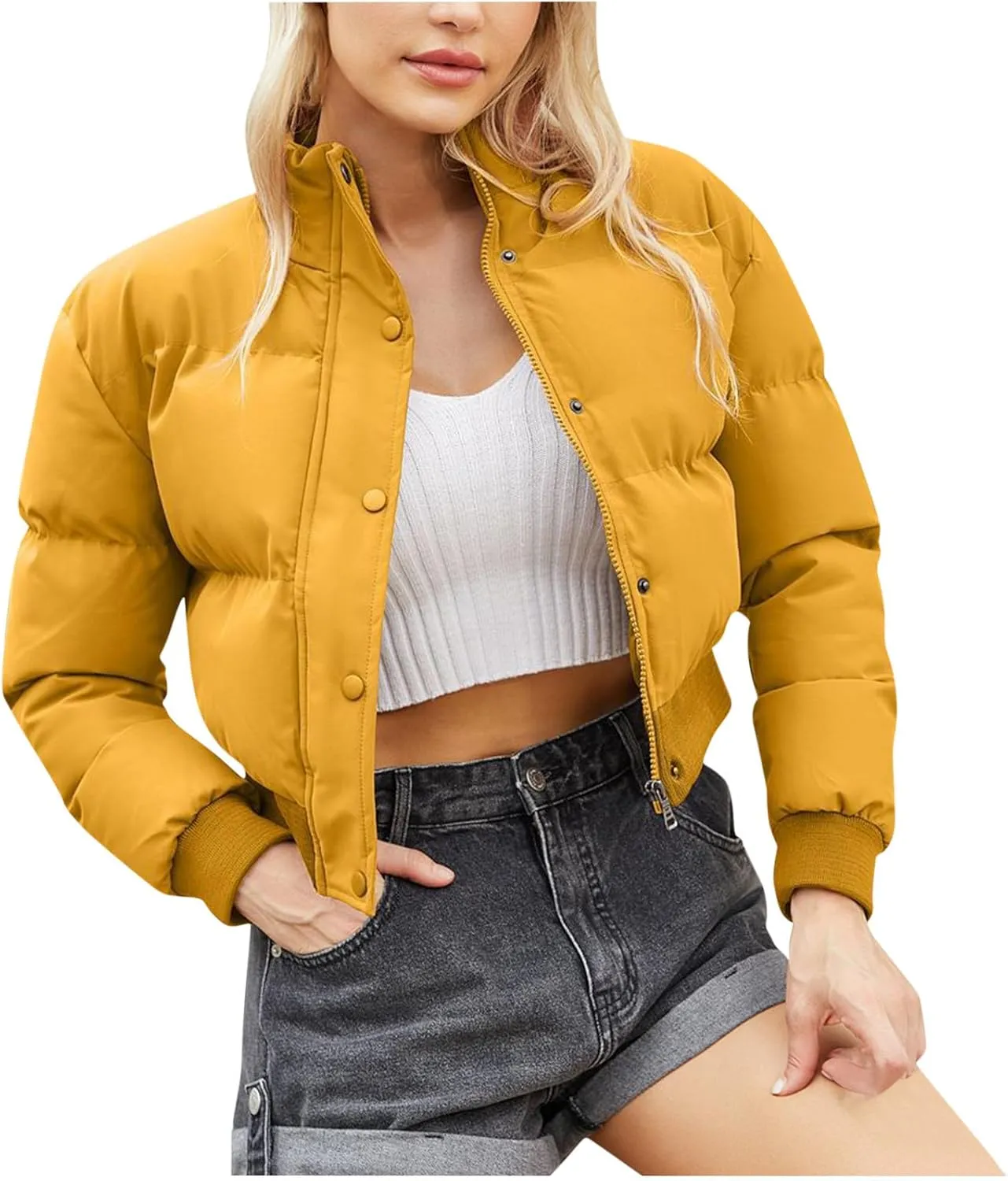 Women's Fall Winter Outfits Stand Collar Thermal Short Bread Down Jackets Long Sleeve Zip Up Fluffy Crop Cotton Coats