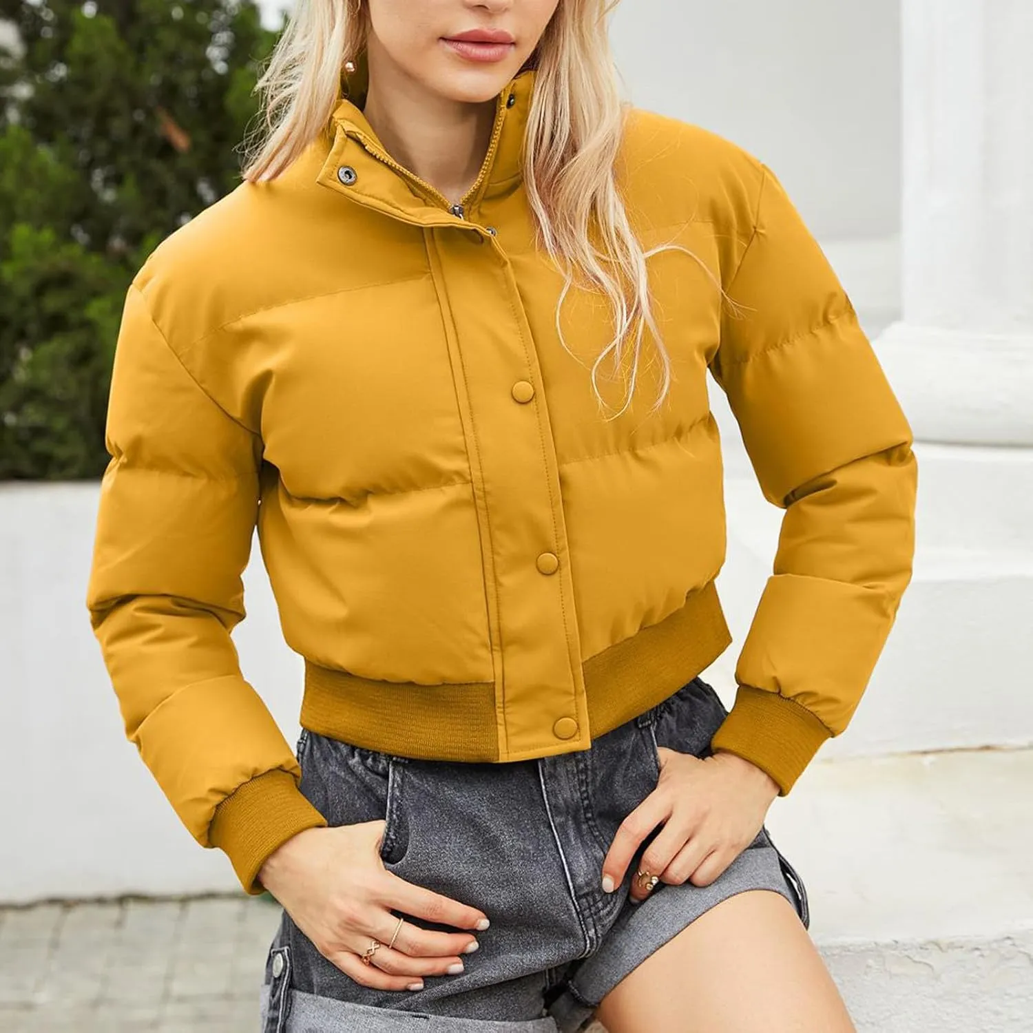 Women's Fall Winter Outfits Stand Collar Thermal Short Bread Down Jackets Long Sleeve Zip Up Fluffy Crop Cotton Coats