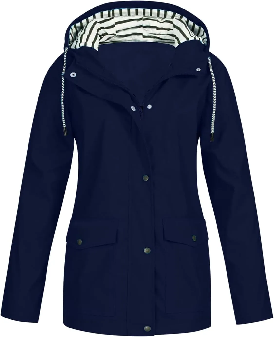 Womens Fashion Rain Jacket with Hood Plus Size Lightweight Windbreaker Zip Up Drawstring Raincoat Windproof Trench Coat