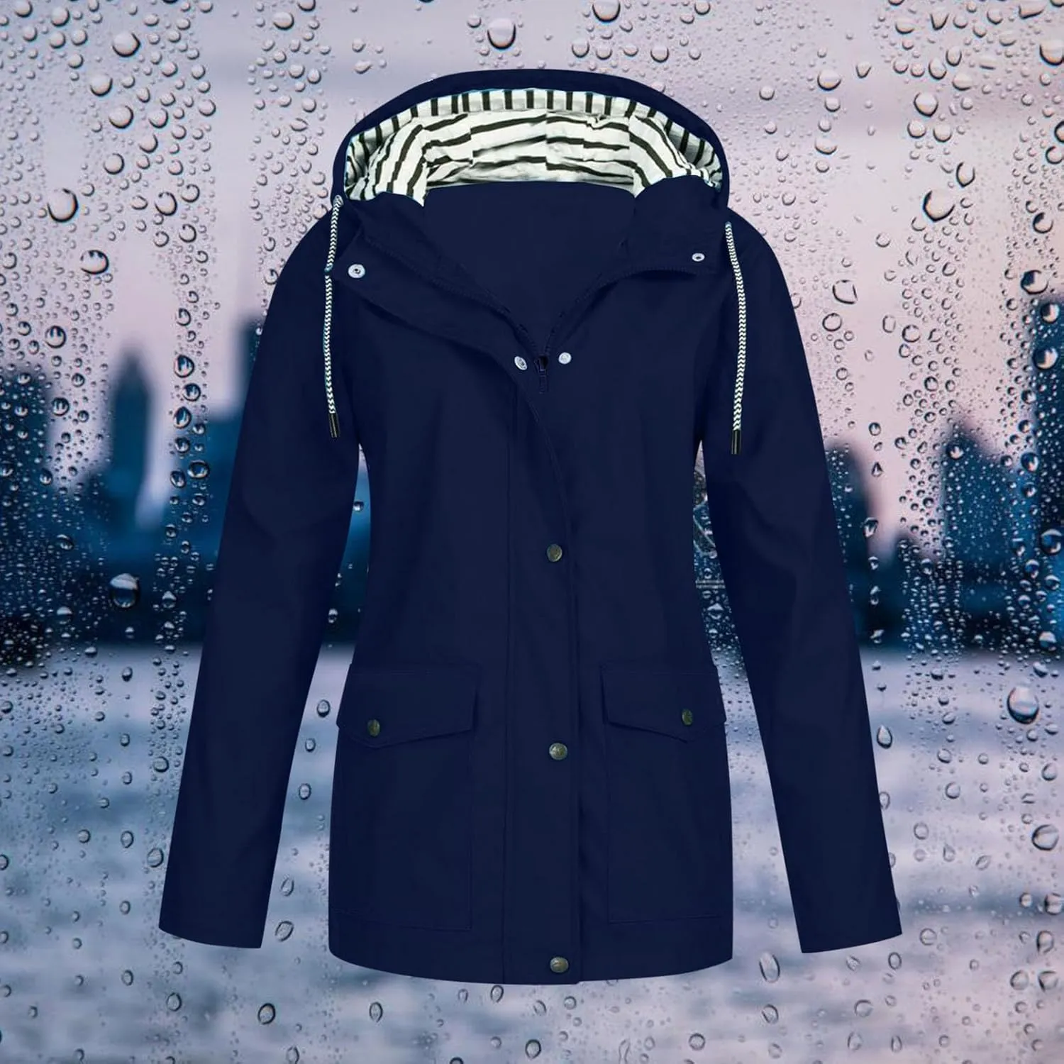 Womens Fashion Rain Jacket with Hood Plus Size Lightweight Windbreaker Zip Up Drawstring Raincoat Windproof Trench Coat