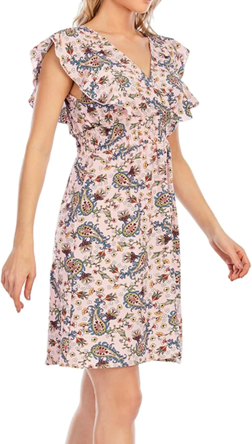 Women's Floral Bohemian Dress Summer Casual Relaxed Fit Midi Dress Ruffle Sleeve V Neck Flowy Dress