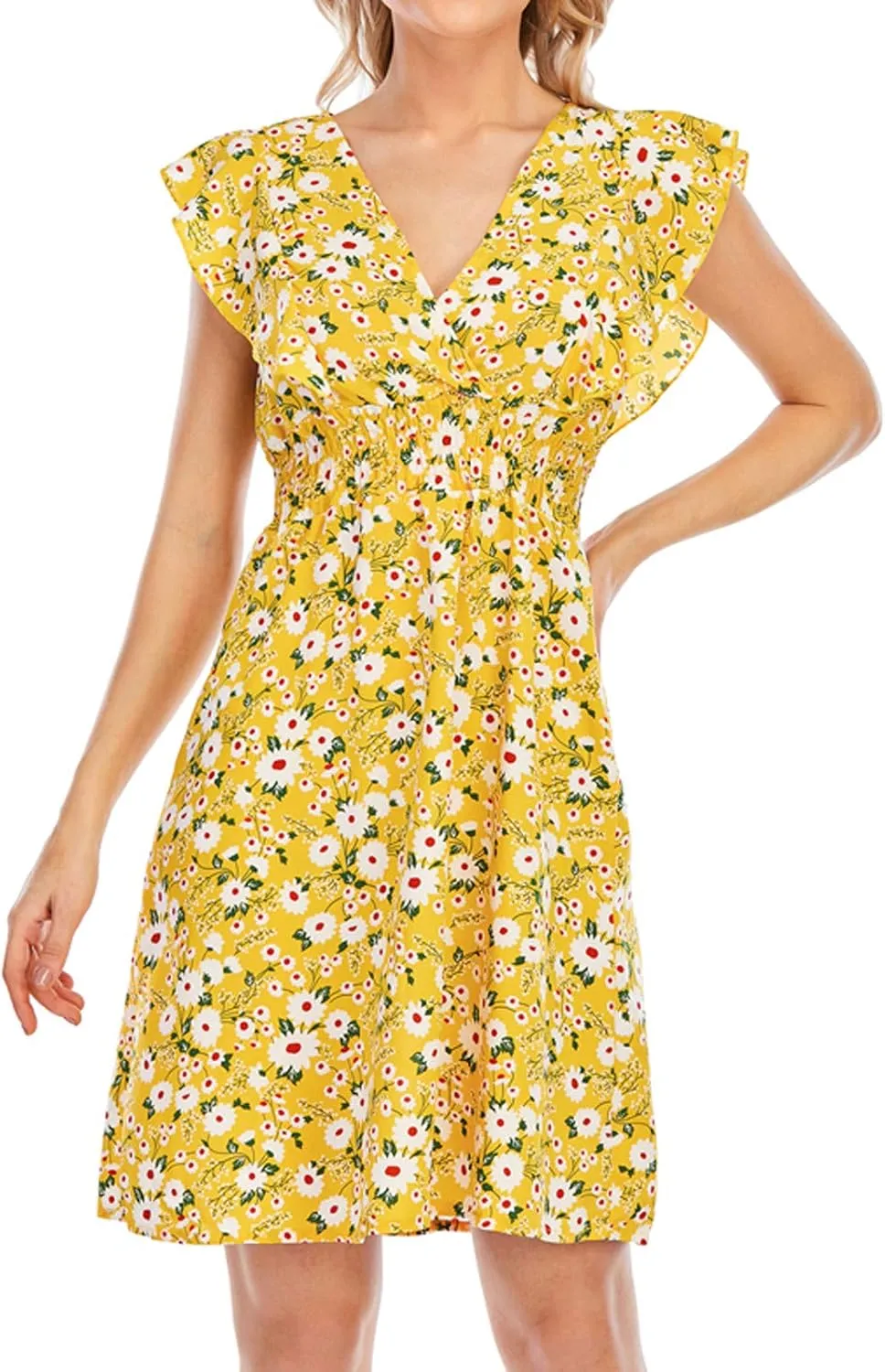 Women's Floral Bohemian Dress Summer Casual Relaxed Fit Midi Dress Ruffle Sleeve V Neck Flowy Dress