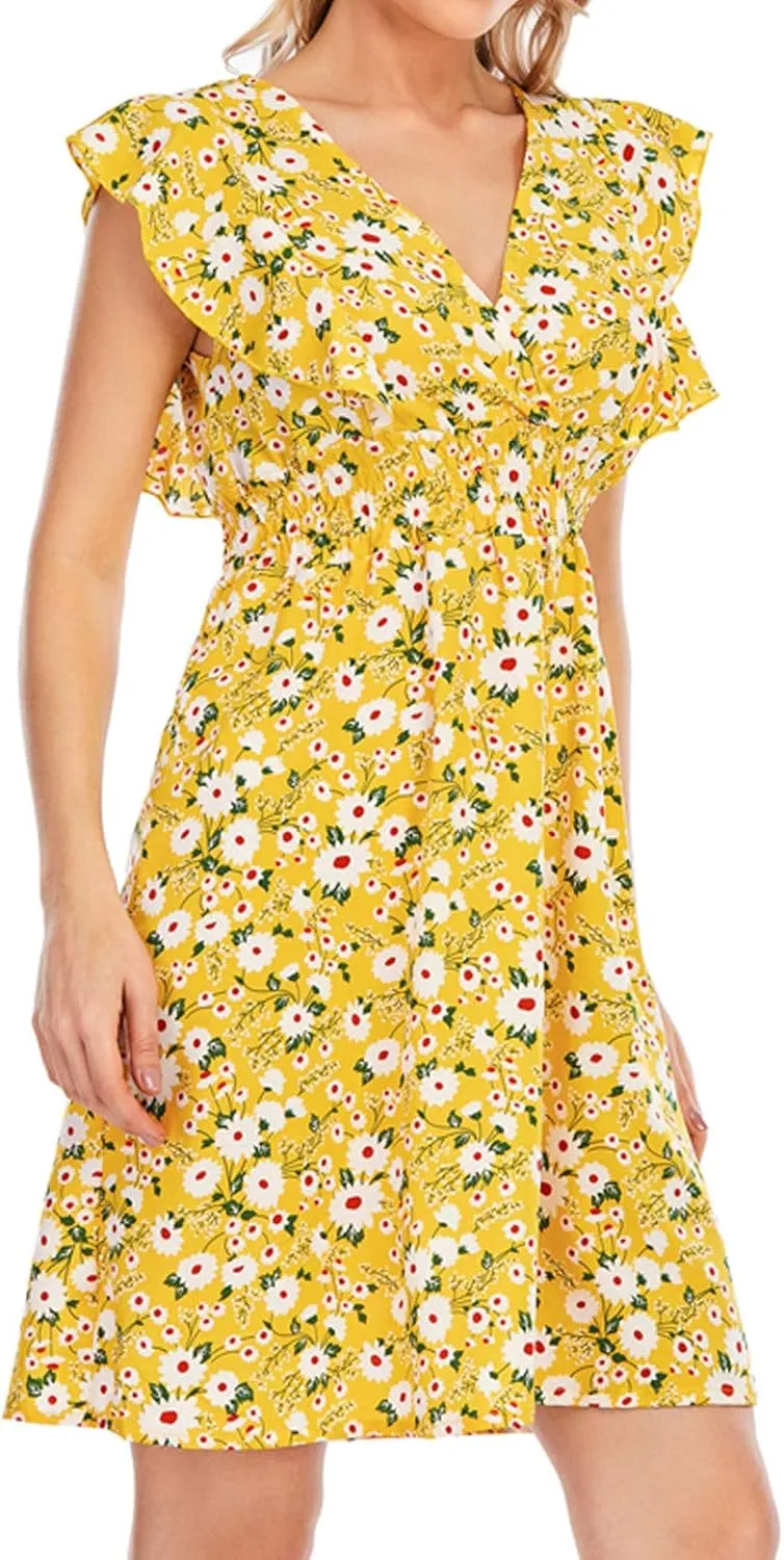 Women's Floral Bohemian Dress Summer Casual Relaxed Fit Midi Dress Ruffle Sleeve V Neck Flowy Dress