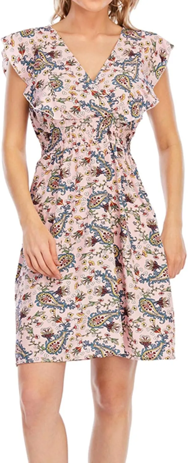 Women's Floral Bohemian Dress Summer Casual Relaxed Fit Midi Dress Ruffle Sleeve V Neck Flowy Dress