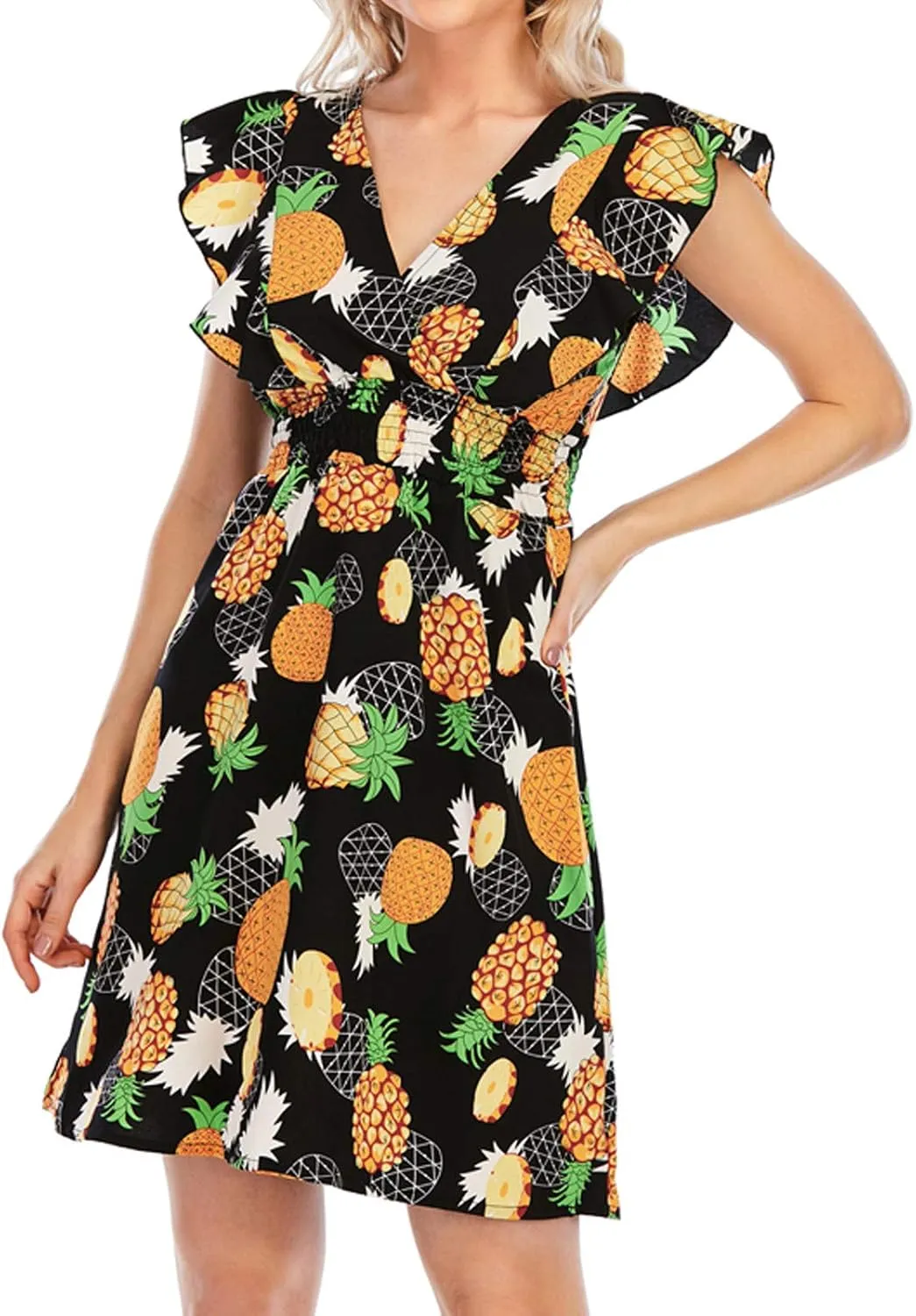 Women's Floral Bohemian Dress Summer Casual Relaxed Fit Midi Dress Ruffle Sleeve V Neck Flowy Dress