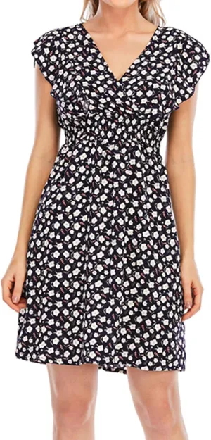 Women's Floral Bohemian Dress Summer Casual Relaxed Fit Midi Dress Ruffle Sleeve V Neck Flowy Dress