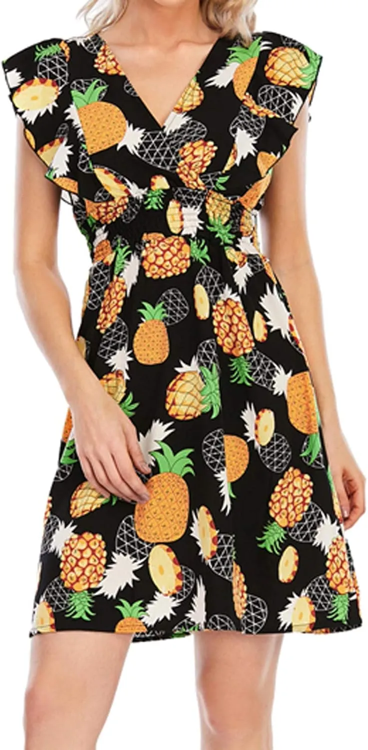 Women's Floral Bohemian Dress Summer Casual Relaxed Fit Midi Dress Ruffle Sleeve V Neck Flowy Dress