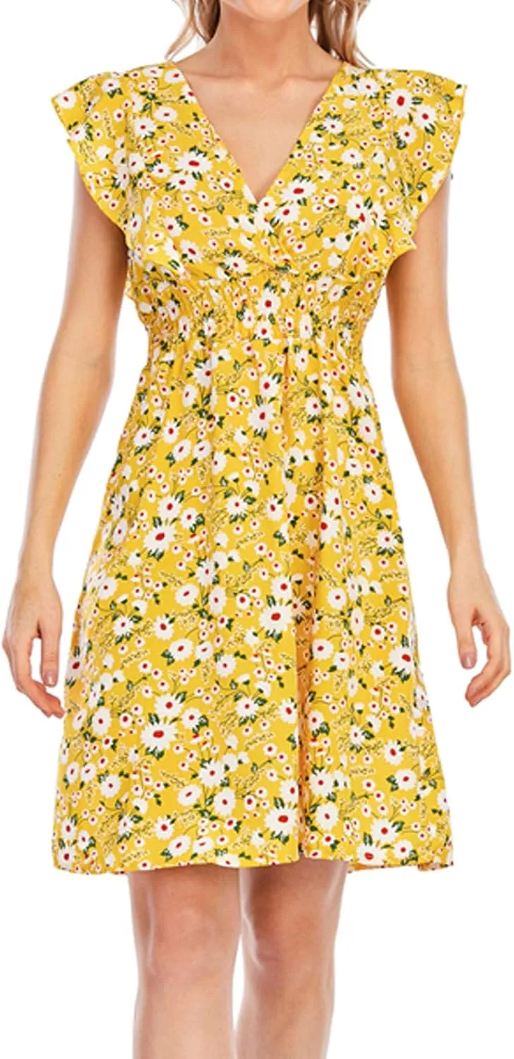 Women's Floral Bohemian Dress Summer Casual Relaxed Fit Midi Dress Ruffle Sleeve V Neck Flowy Dress