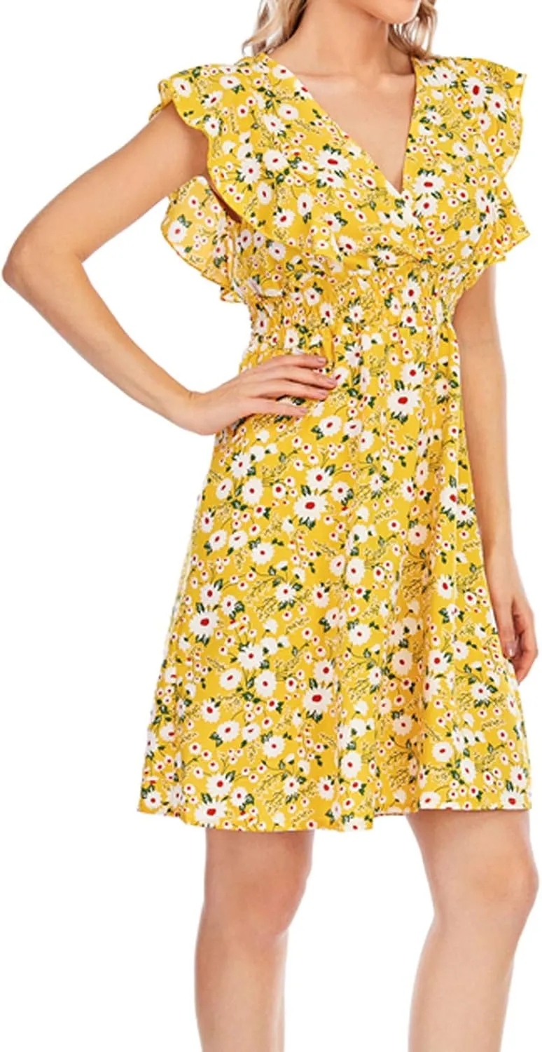 Women's Floral Bohemian Dress Summer Casual Relaxed Fit Midi Dress Ruffle Sleeve V Neck Flowy Dress