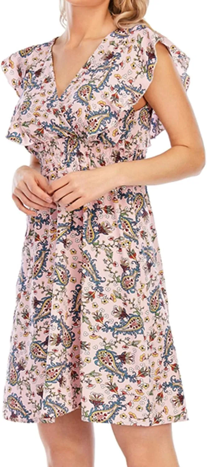 Women's Floral Bohemian Dress Summer Casual Relaxed Fit Midi Dress Ruffle Sleeve V Neck Flowy Dress