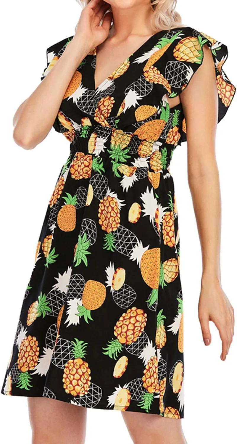 Women's Floral Bohemian Dress Summer Casual Relaxed Fit Midi Dress Ruffle Sleeve V Neck Flowy Dress