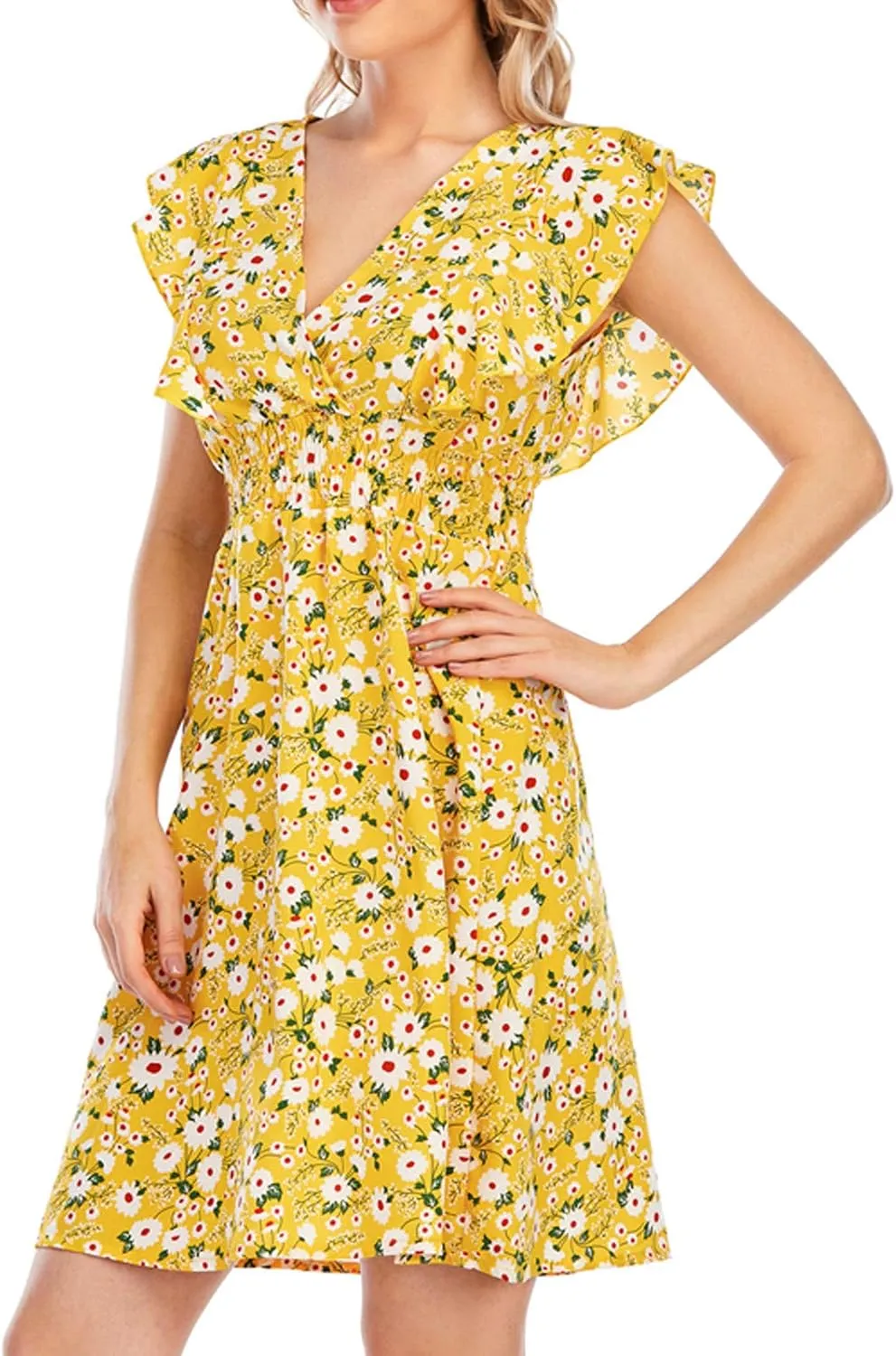 Women's Floral Bohemian Dress Summer Casual Relaxed Fit Midi Dress Ruffle Sleeve V Neck Flowy Dress