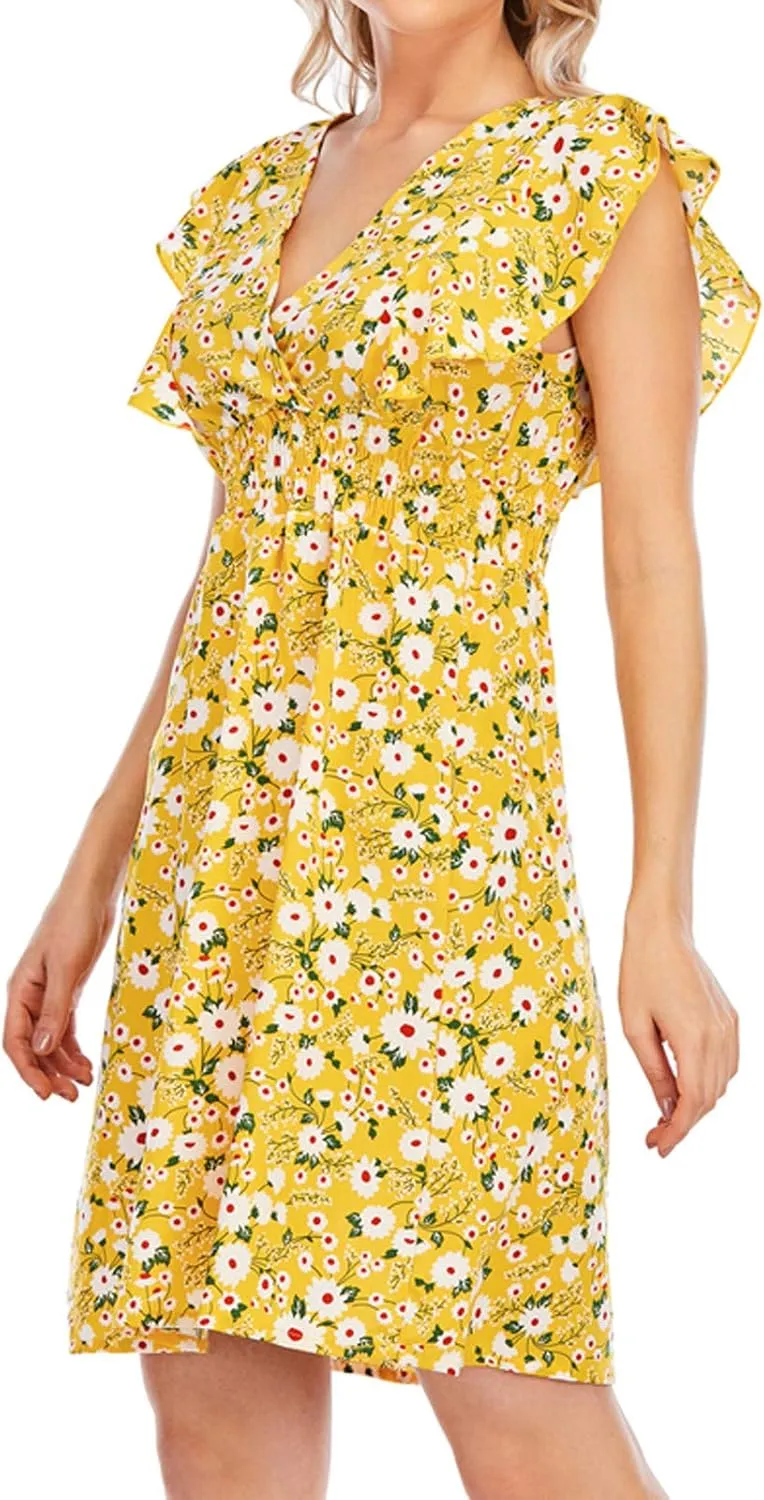 Women's Floral Bohemian Dress Summer Casual Relaxed Fit Midi Dress Ruffle Sleeve V Neck Flowy Dress