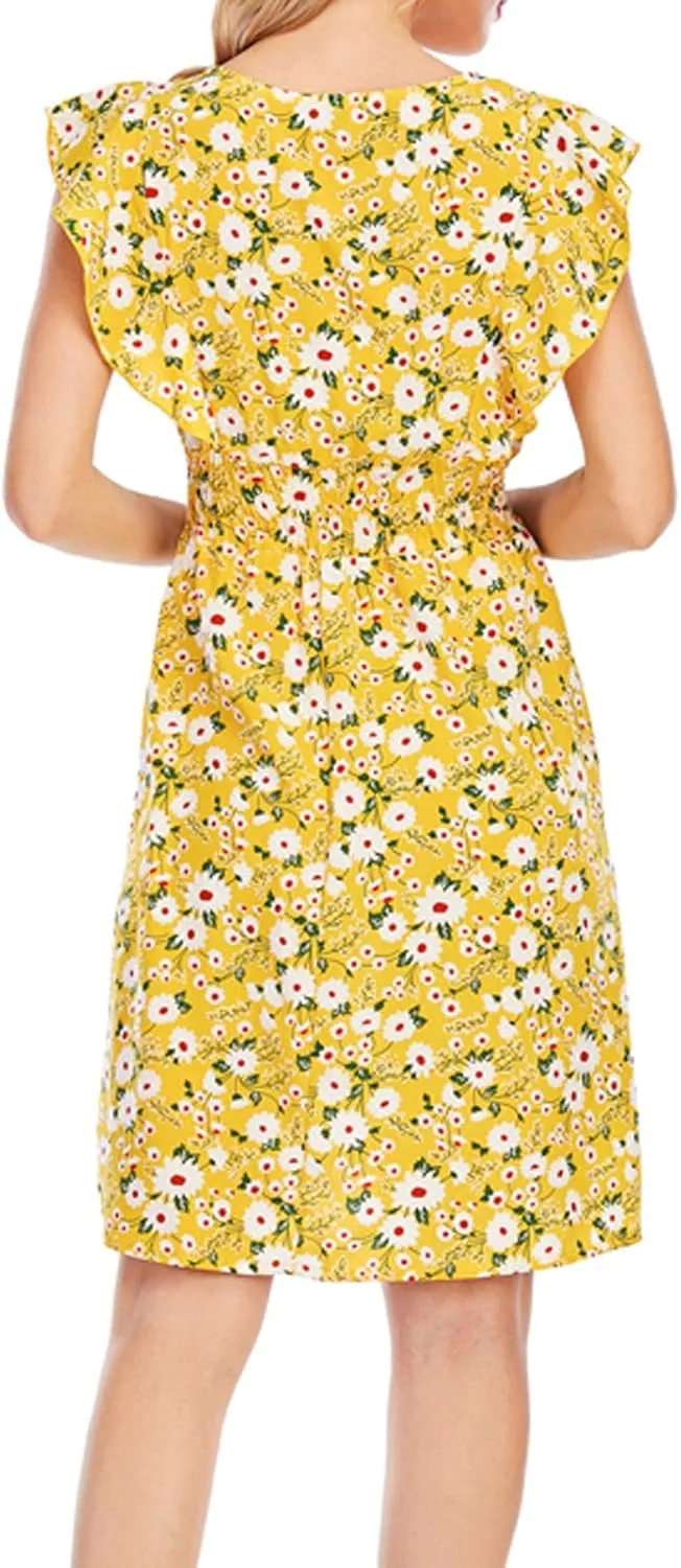 Women's Floral Bohemian Dress Summer Casual Relaxed Fit Midi Dress Ruffle Sleeve V Neck Flowy Dress