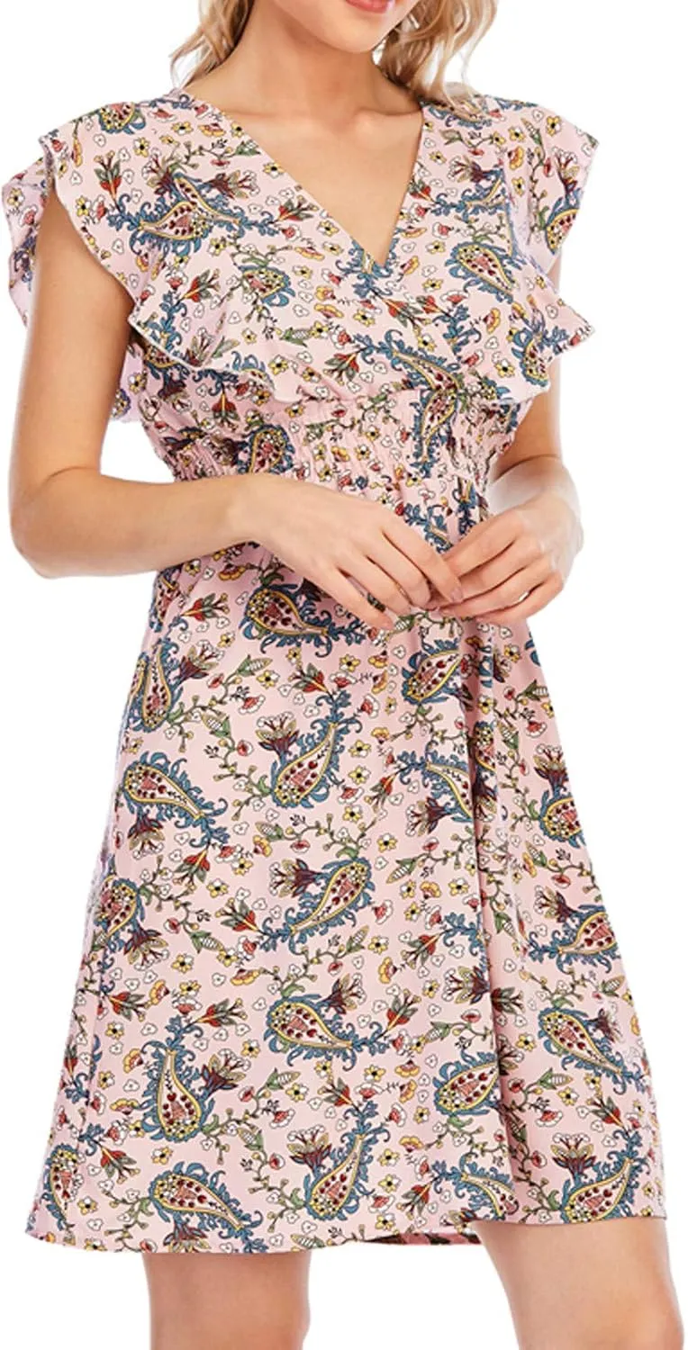 Women's Floral Bohemian Dress Summer Casual Relaxed Fit Midi Dress Ruffle Sleeve V Neck Flowy Dress