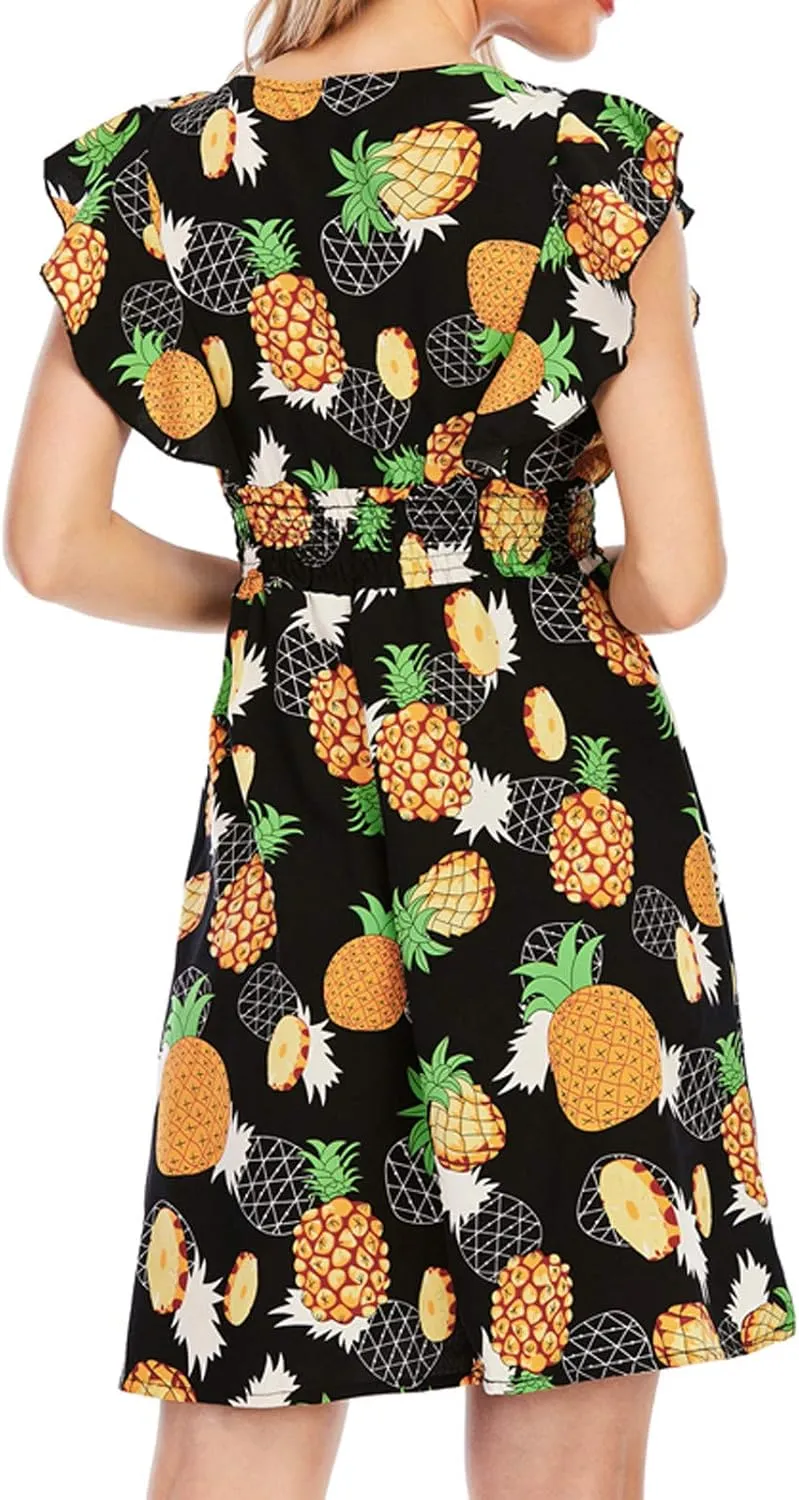 Women's Floral Bohemian Dress Summer Casual Relaxed Fit Midi Dress Ruffle Sleeve V Neck Flowy Dress