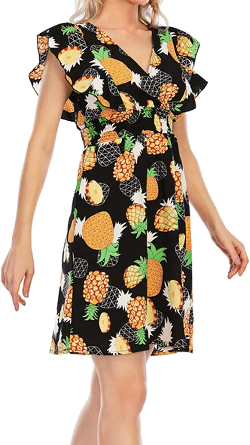 Women's Floral Bohemian Dress Summer Casual Relaxed Fit Midi Dress Ruffle Sleeve V Neck Flowy Dress