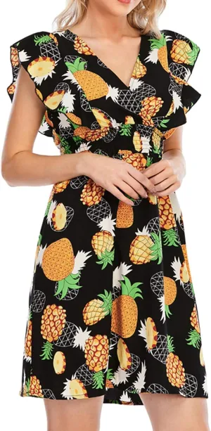 Women's Floral Bohemian Dress Summer Casual Relaxed Fit Midi Dress Ruffle Sleeve V Neck Flowy Dress