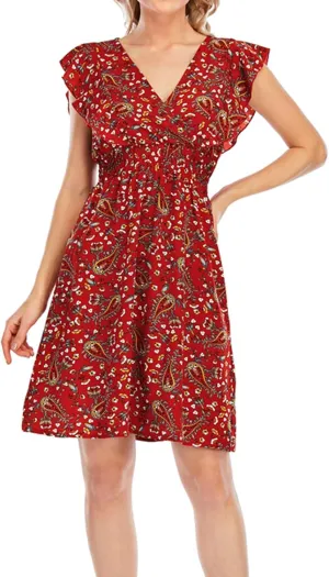 Women's Floral Bohemian Dress Summer Casual Relaxed Fit Midi Dress Ruffle Sleeve V Neck Flowy Dress