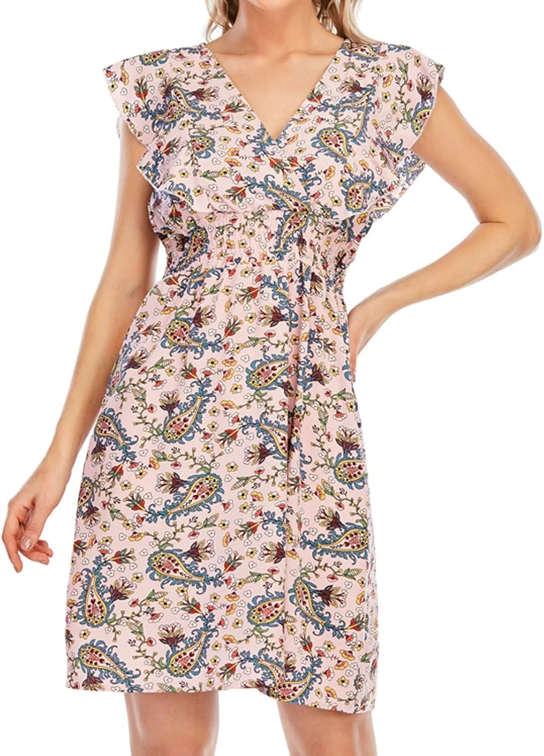 Women's Floral Bohemian Dress Summer Casual Relaxed Fit Midi Dress Ruffle Sleeve V Neck Flowy Dress