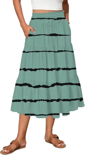 Womens Floral Midi Skirts A-Line Tiered Ruffle Boho Skirts Elastic Waist Flowy Skirt with Pockets