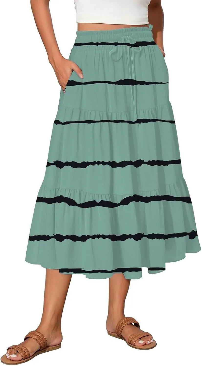 Womens Floral Midi Skirts A-Line Tiered Ruffle Boho Skirts Elastic Waist Flowy Skirt with Pockets