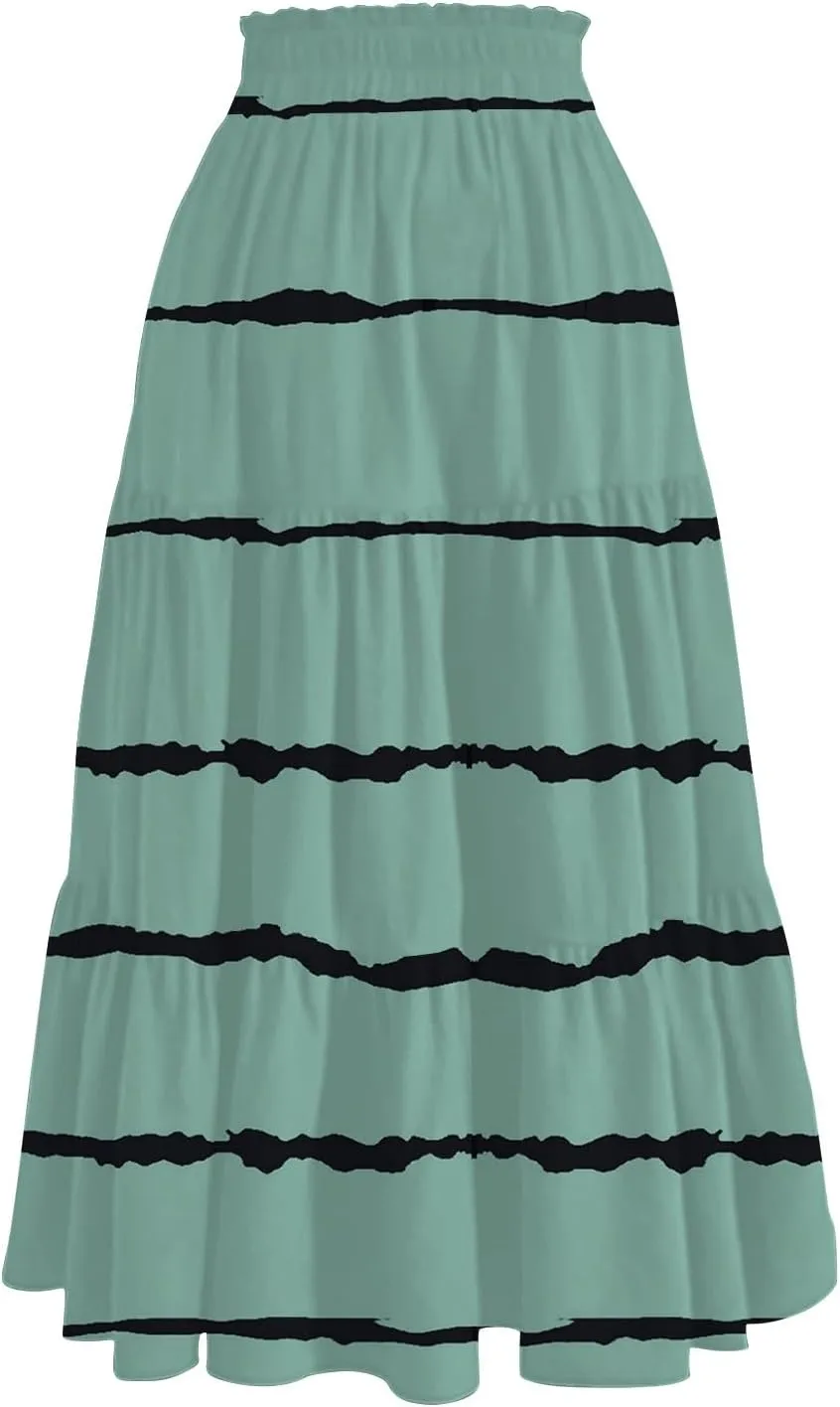 Womens Floral Midi Skirts A-Line Tiered Ruffle Boho Skirts Elastic Waist Flowy Skirt with Pockets