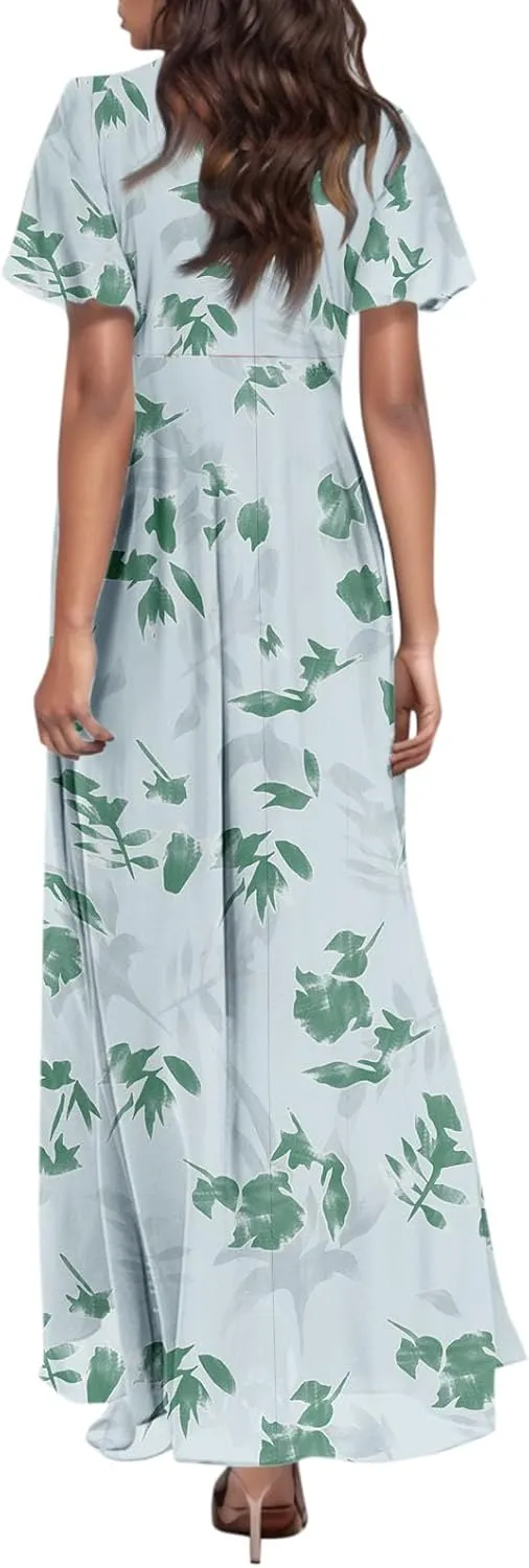 Women's Floral Print V Neck Ruffle Cap Sleeve Ruffle Hem Flowy Dress Boho High Waist Dresses for Women 2025