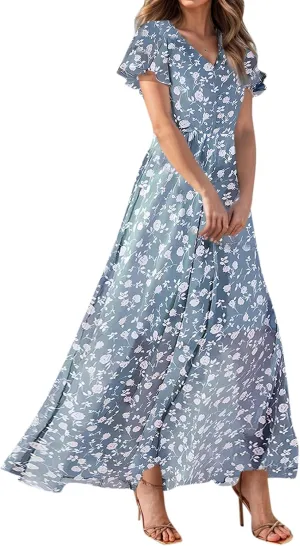 Women's Floral Print V Neck Ruffle Cap Sleeve Ruffle Hem Flowy Dress Boho High Waist Dresses for Women 2025