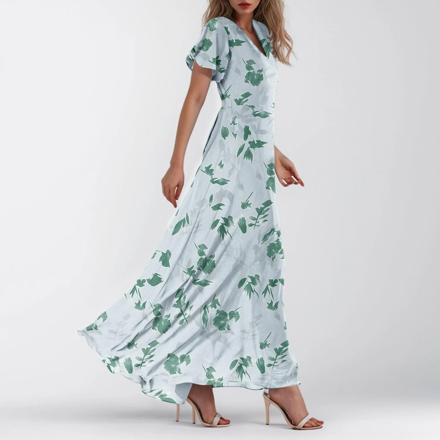 Women's Floral Print V Neck Ruffle Cap Sleeve Ruffle Hem Flowy Dress Boho High Waist Dresses for Women 2025