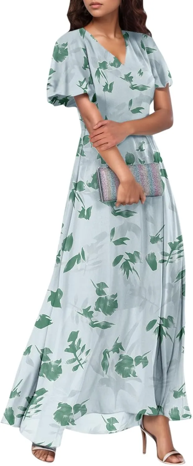 Women's Floral Print V Neck Ruffle Cap Sleeve Ruffle Hem Flowy Dress Boho High Waist Dresses for Women 2025