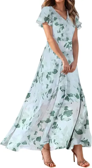 Women's Floral Print V Neck Ruffle Cap Sleeve Ruffle Hem Flowy Dress Boho High Waist Dresses for Women 2025