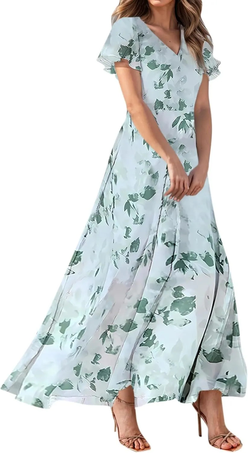 Women's Floral Print V Neck Ruffle Cap Sleeve Ruffle Hem Flowy Dress Boho High Waist Dresses for Women 2025