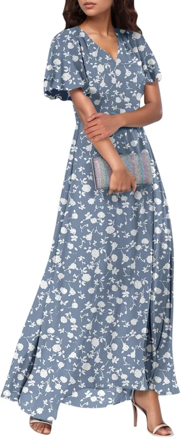 Women's Floral Print V Neck Ruffle Cap Sleeve Ruffle Hem Flowy Dress Boho High Waist Dresses for Women 2025