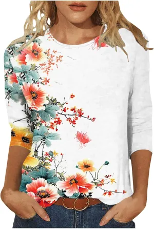 Women's Floral Tops Casual Loose 3/4 Sleeve Tshirts 2024 Summer Round Neck Dressy Blouse for Business Work Streetwear