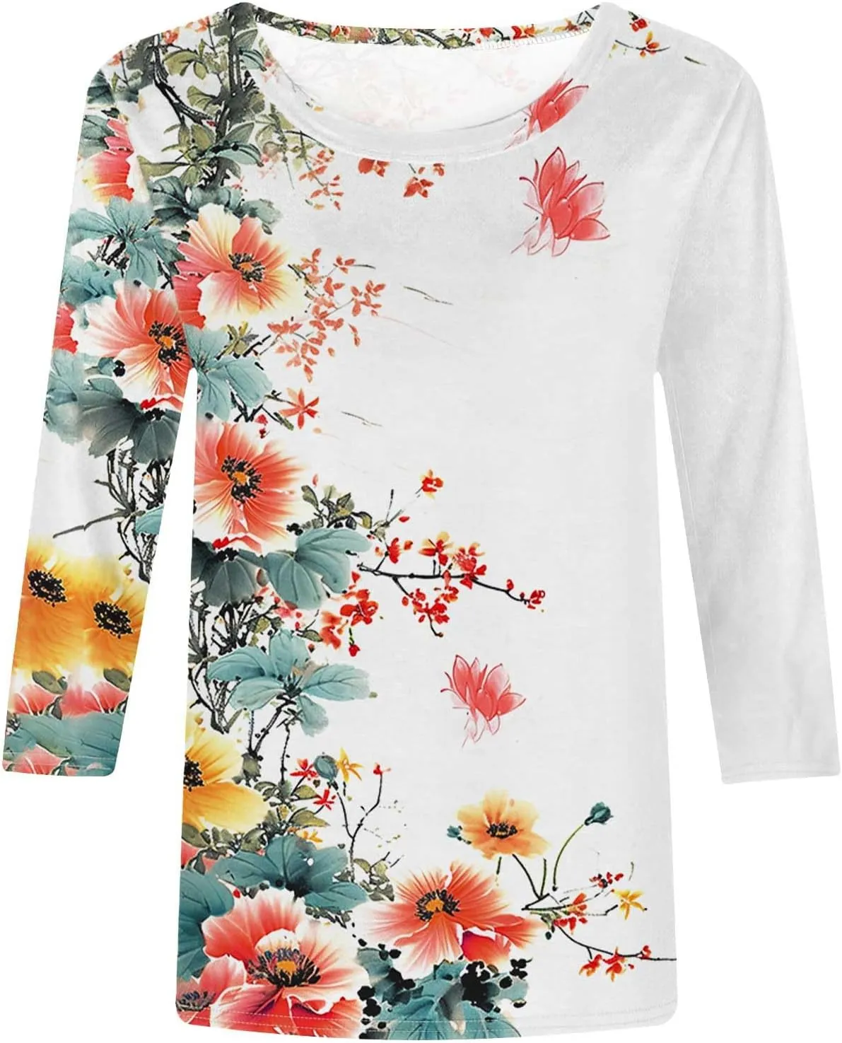Women's Floral Tops Casual Loose 3/4 Sleeve Tshirts 2024 Summer Round Neck Dressy Blouse for Business Work Streetwear