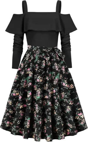 Women's Hepburn Floral Print Dress Long Sleeve Off-Shoulder Dresses Ruffles Patchwork Cocktail Party Evening Gown