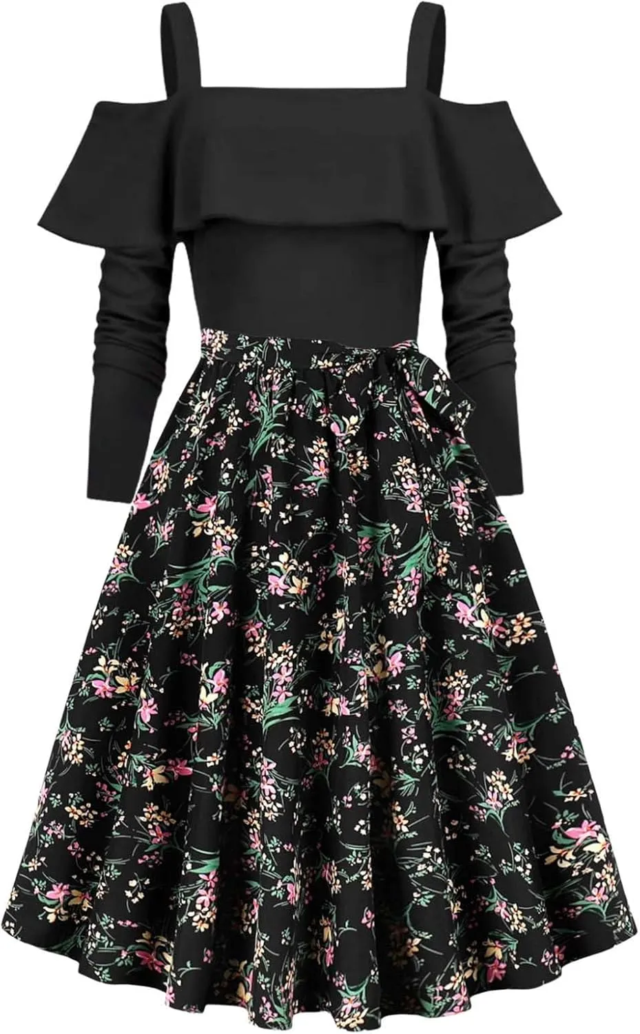 Women's Hepburn Floral Print Dress Long Sleeve Off-Shoulder Dresses Ruffles Patchwork Cocktail Party Evening Gown