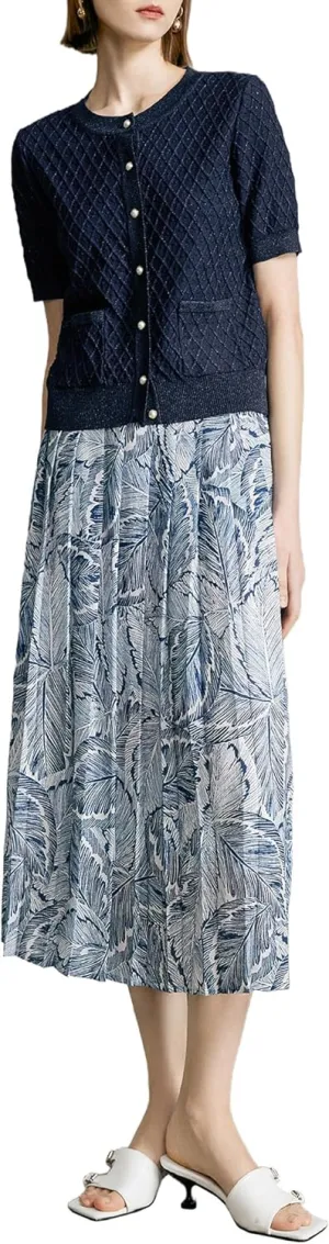 Women's High Waisted Pleated Floral Print Midi Skirt with Zipper Closure