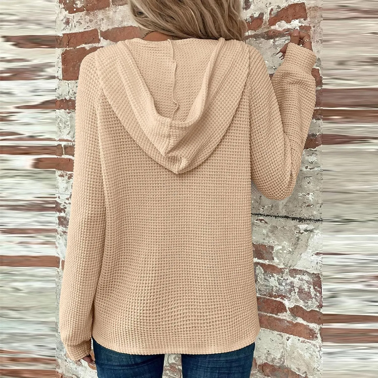 Womens Hoodies 2024 Fall Fashion Button V Neck Waffle Knit Tops Drawstring Hooded Oversized Sweatshirt with Pocket