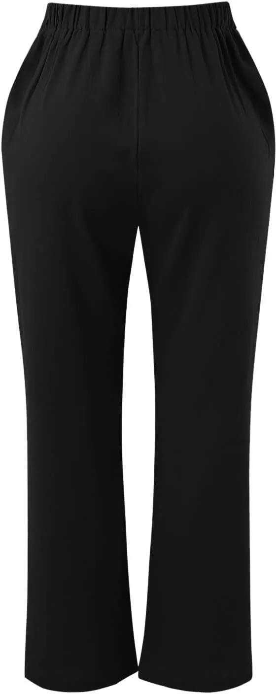 Women's Linen Blend Summer Loose Palazzo Pants Elastic Waisted Baggy Stretchy Loose Fit Palazzo Lounge Pants