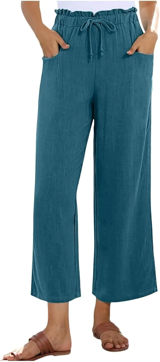 Women's Linen Blend Summer Loose Palazzo Pants Elastic Waisted Baggy Stretchy Loose Fit Palazzo Lounge Pants